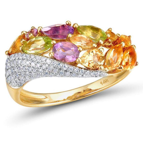 14K Yellow Gold Diamond Citrine Amethyst And Peridot Ring