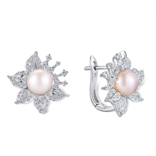 14K White Gold Fresh Water White Pearl And Diamond Earrings