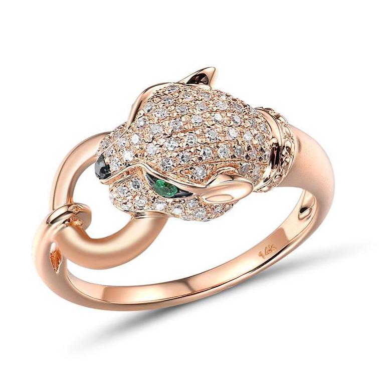 14K Rose Gold Emerald And Diamond Leopard Ring