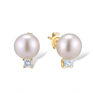 14K Yellow Gold Fresh Water Pearl And Diamond Earrings