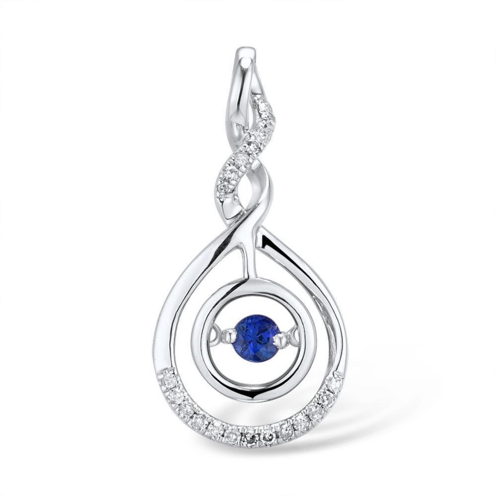 14K White Gold Diamond And Blue Sapphire Round Pendant