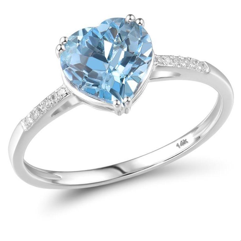 14K White Gold Blue Topaz Heart And Diamond Ring