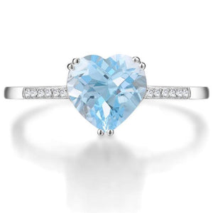 14K White Gold Blue Topaz Heart And Diamond Ring