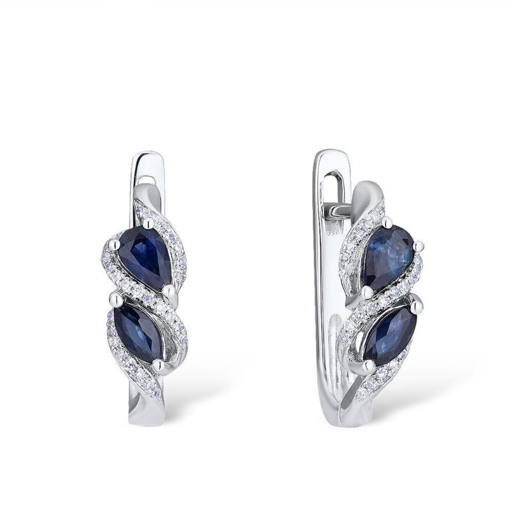 14K White Blue Sapphire And Diamond Earrings