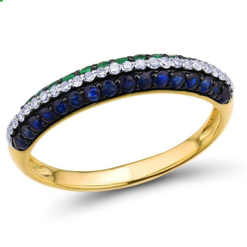 14K Yellow Gold Diamond Blue Sapphire And Emerald Ring